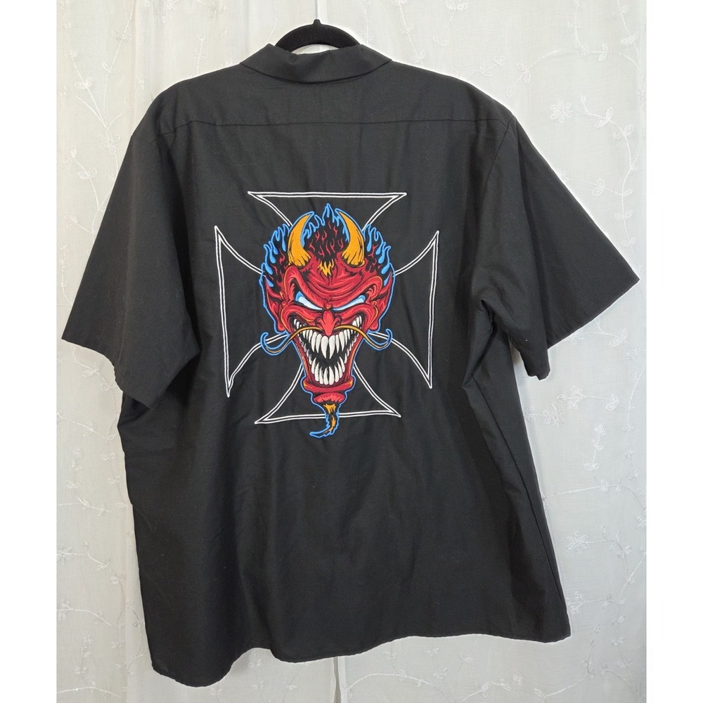 LETHAL THREAT Motorgear Black Work Button  Shirt Red Devil Face Iron‎ Cross 2XL